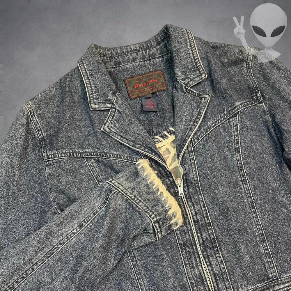 Vintage 1994 RALPH Ralph Lauren Womens Medium Zip Denim Jacket Crochet Trim - Picture 2 of 8